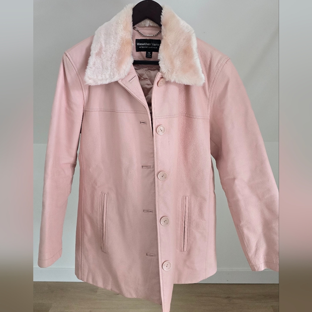 Weather Vane Pink Leather Coat with Fur Collar